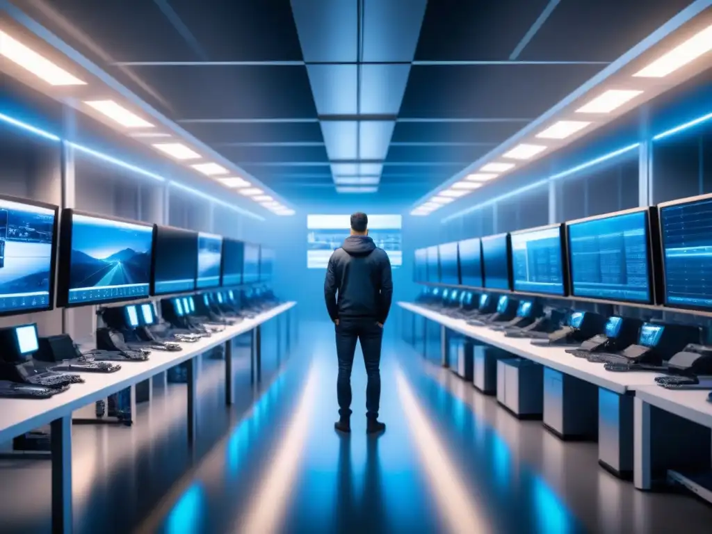 Centro logístico de alta tecnología: seguridad y protección de datos Un centro logístico de alta tecnología resguardando datos personales con cámaras de seguridad y servidores encriptados
