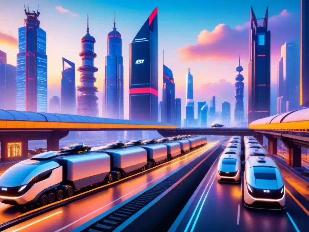 Centro logístico futurista: robots, drones y trenes de carga Un centro logístico asiático futurista con robots y drones, iluminado por luces de neón y datos en tiempo real