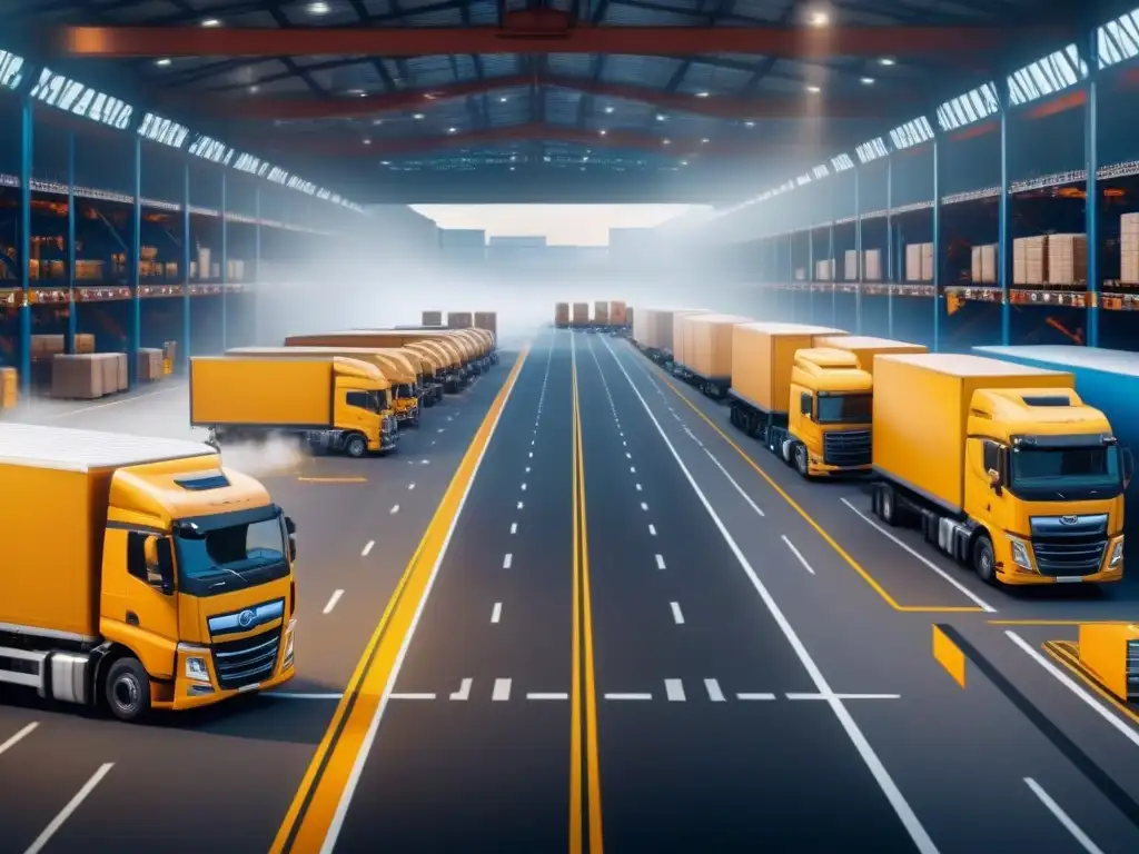 Centro logístico eficiente: big data en acción Un centro logístico bullicioso donde el análisis big data transforma la gestión de flotas y la optimización de cadenas de suministro