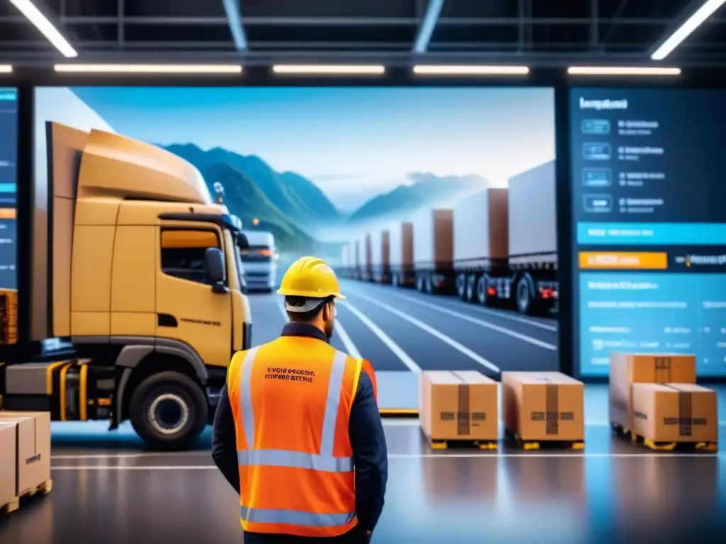 Un centro logístico bullicioso con camiones cargados de cajas, trabajadores en chalecos reflectantes y un mapa de optimización de rutas en pantalla