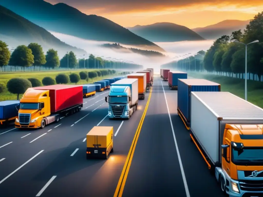 Centro logístico eficiente con rutas en tiempo real Un centro logístico bullicioso con camiones cargando y descargando en tiempo real, trabajadores coordinando envíos y optimización de rutas