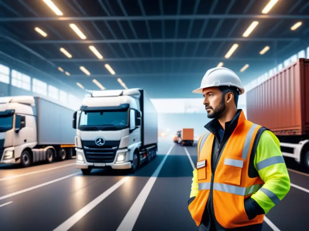 Centro logístico: eficiencia y tecnología con GPS en acción Un centro logístico bullicioso con camiones cargados y avanzado seguimiento GPS en transporte logístico