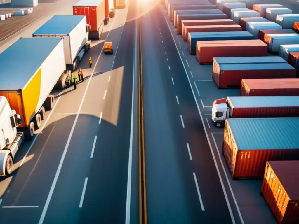 Un centro logístico bullicioso con camiones y contenedores, trabajadores y un cielo despejado