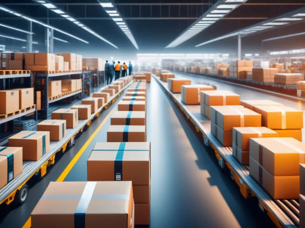 Centro logístico eficiente: ecommerce y operaciones integradas Un centro logístico bullicioso con cintas transportadoras moviendo paquetes eficientemente, trabajadores clasificando artículos meticulosamente y camiones de reparto alineados listos para transportar mercancías