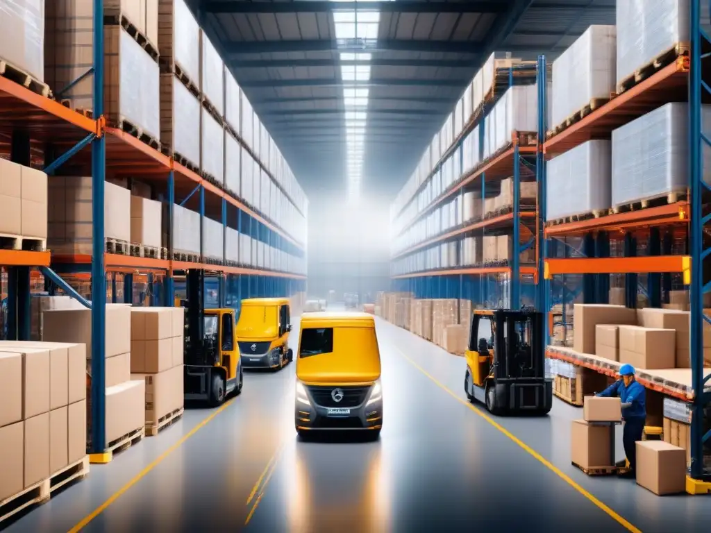 Centro logístico eficiente: coordinación estratégica y precisión en acción Un centro logístico bullicioso con colaboraciones estratégicas en logística eficiente