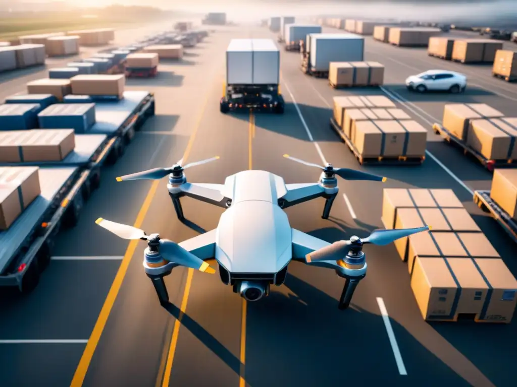 Centro logístico moderno: drones revolucionan la cadena de suministro Un centro logístico bullicioso con drones transportando carga