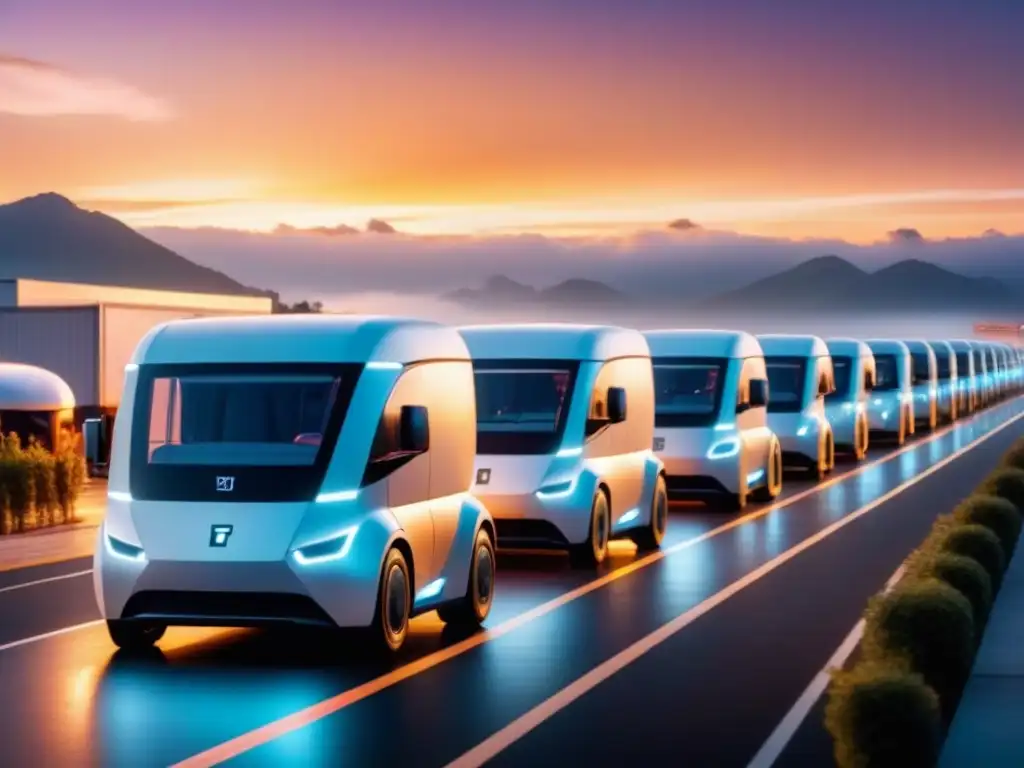 Centro logístico futurista: eficiencia robótica al atardecer Un centro logístico bullicioso con una flota de camiones eléctricos futuristas alineados bajo un cielo de atardecer brillante, simbolizando la fusión armoniosa de tecnología avanzada y supervisión humana en la industria del transporte