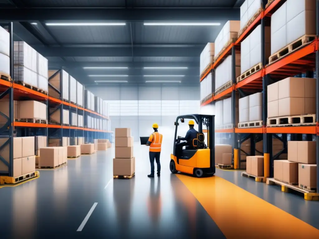 Centro logístico moderno con integración de IoT Un centro logístico bullicioso donde se gestionan inventarios con eficiencia y tecnología moderna, fusionando innovación con tradición