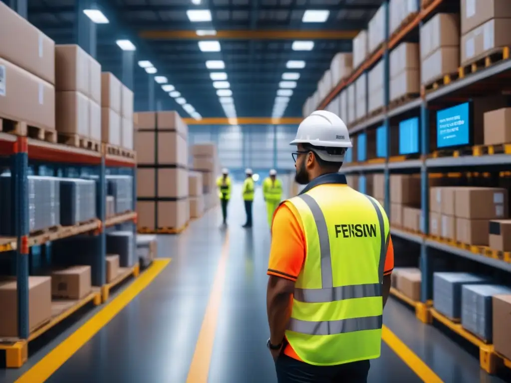 Centro logístico IoT: Eficiencia en tiempo real Un centro logístico bullicioso donde el IoT en logística: análisis en tiempo real optimiza rutas y gestiona inventario