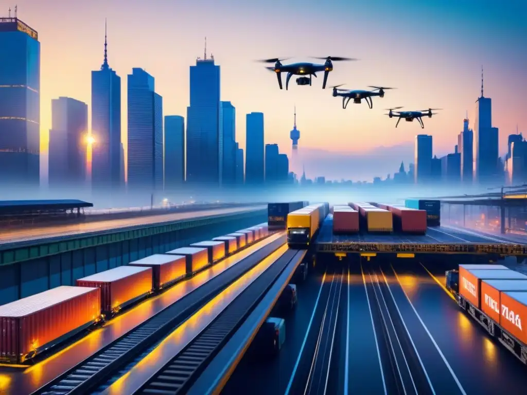 Centro logístico interconectado: tren, camiones y drones en acción Un centro logístico bullicioso donde convergen distintos modos de transporte