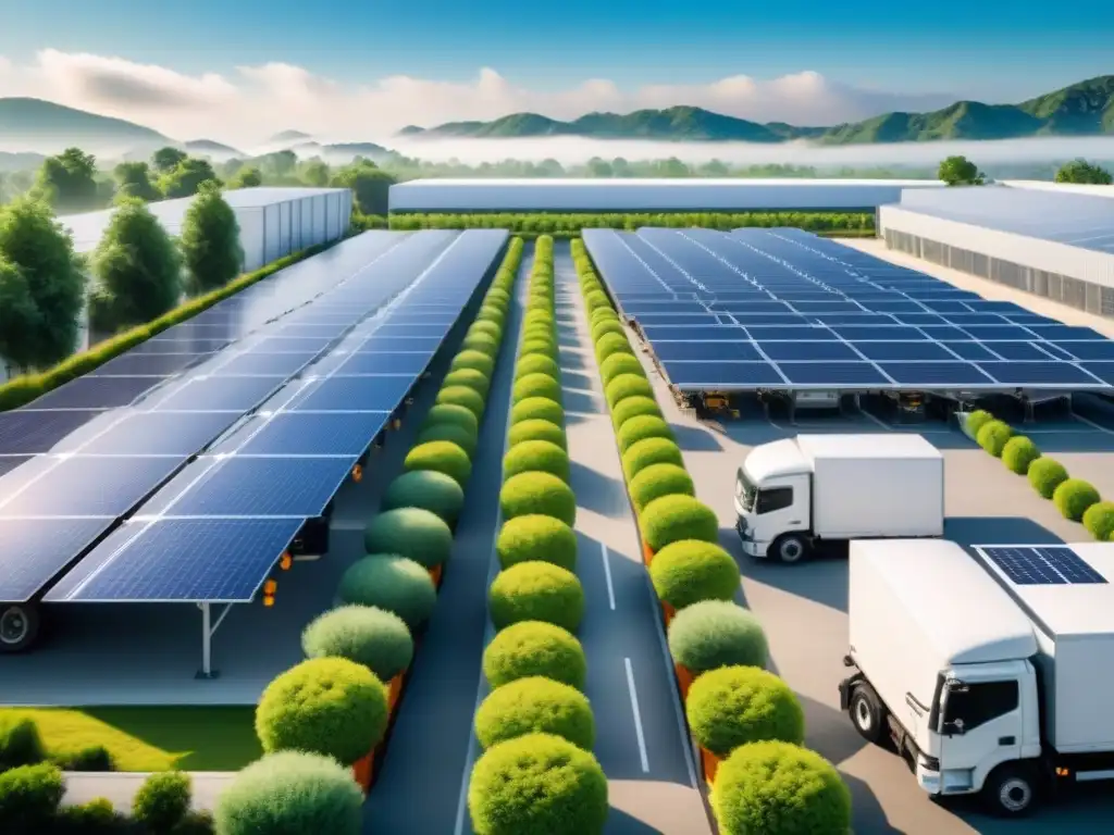 Centro logístico sostenible con paneles solares y camiones eléctricos Un centro logístico bullicioso con paneles solares en el techo, camiones eléctricos y paquetes con certificaciones verdes
