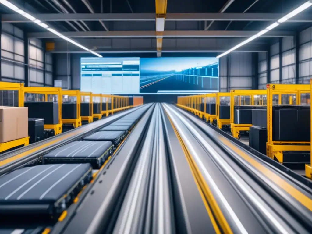 Un centro logístico bullicioso con tecnología de análisis predictivo integrada, mostrando eficiencia en la cadena de suministro