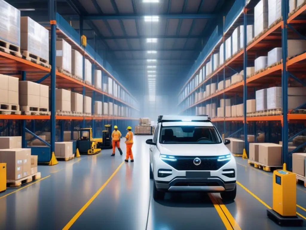 Centro logístico sincronizado: humanos y robots en acción Un centro logístico bullicioso con tecnología y trabajadores en equipamiento de seguridad, mostrando la interoperabilidad en logística con tecnología