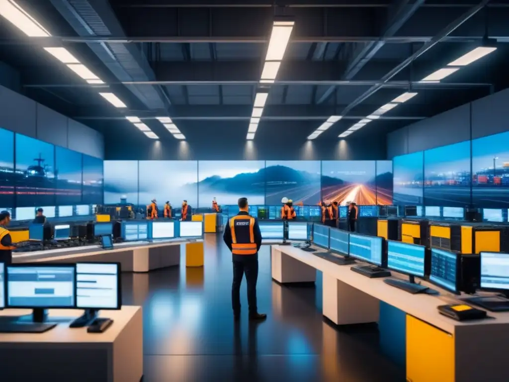 Centro logístico moderno: eficiencia y ciberseguridad Un centro logístico bullicioso con trabajadores escaneando paquetes, cintas transportadoras y una sala de control digital
