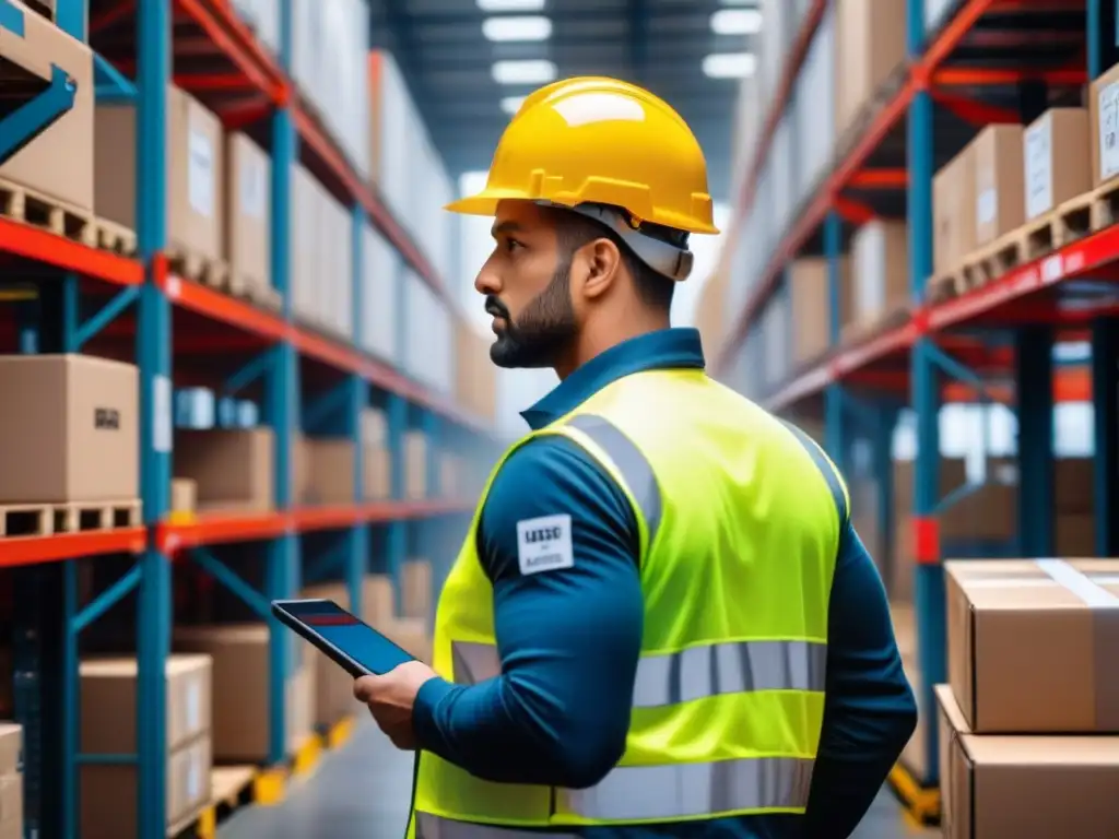 Centro logístico: caos organizado de una cadena de suministro data-driven Un centro logístico bullicioso donde trabajadores cargan camiones con paquetes etiquetados con datos personales