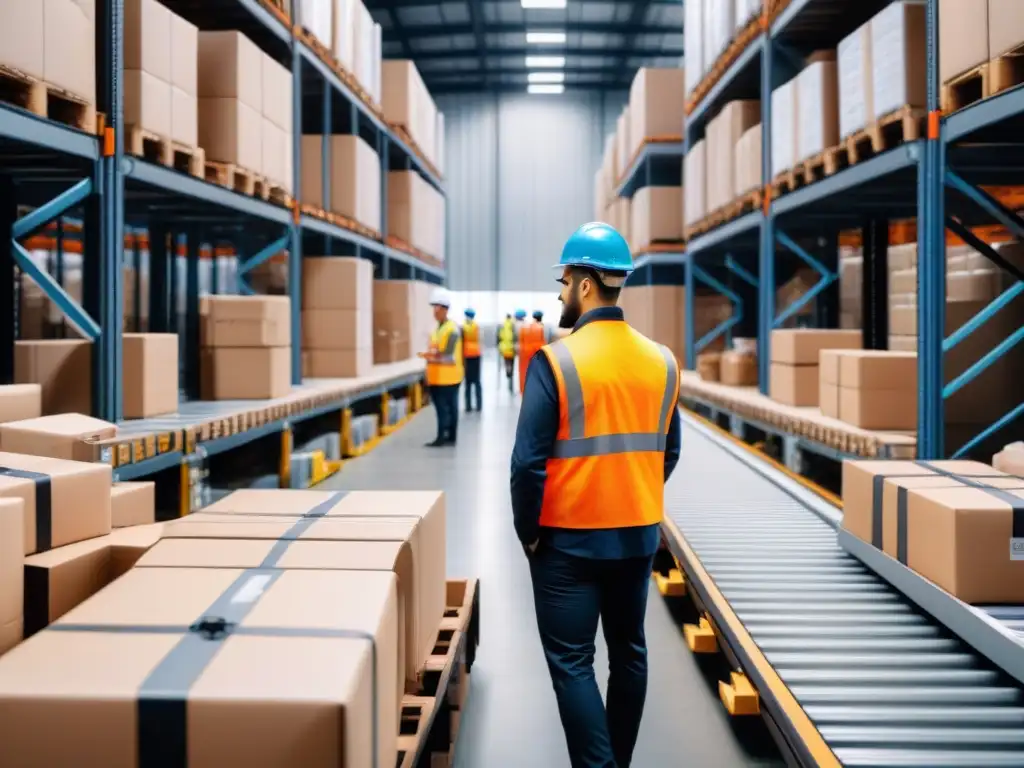 Centro logístico eficiente: trabajadores escanean paquetes con precisión Un centro logístico bullicioso con trabajadores escaneando paquetes en cintas transportadoras