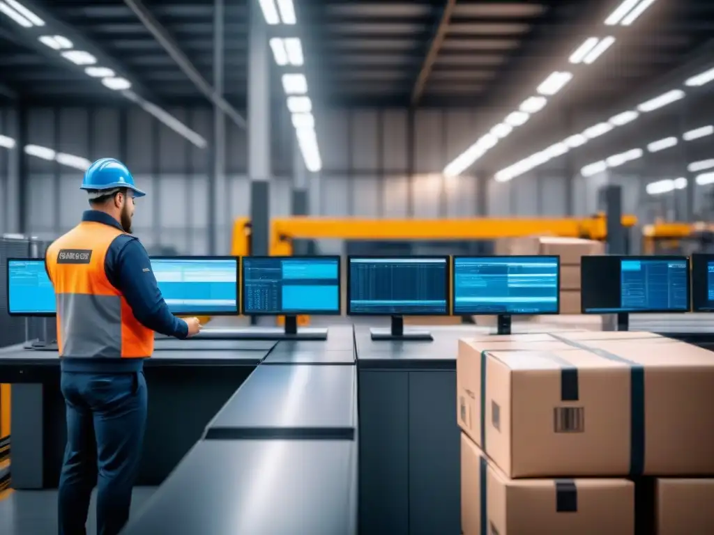 Centro logístico: trabajadores escanean paquetes y cargan camiones Un centro logístico bullicioso con trabajadores escaneando paquetes, camiones cargándose y datos en pantallas digitales