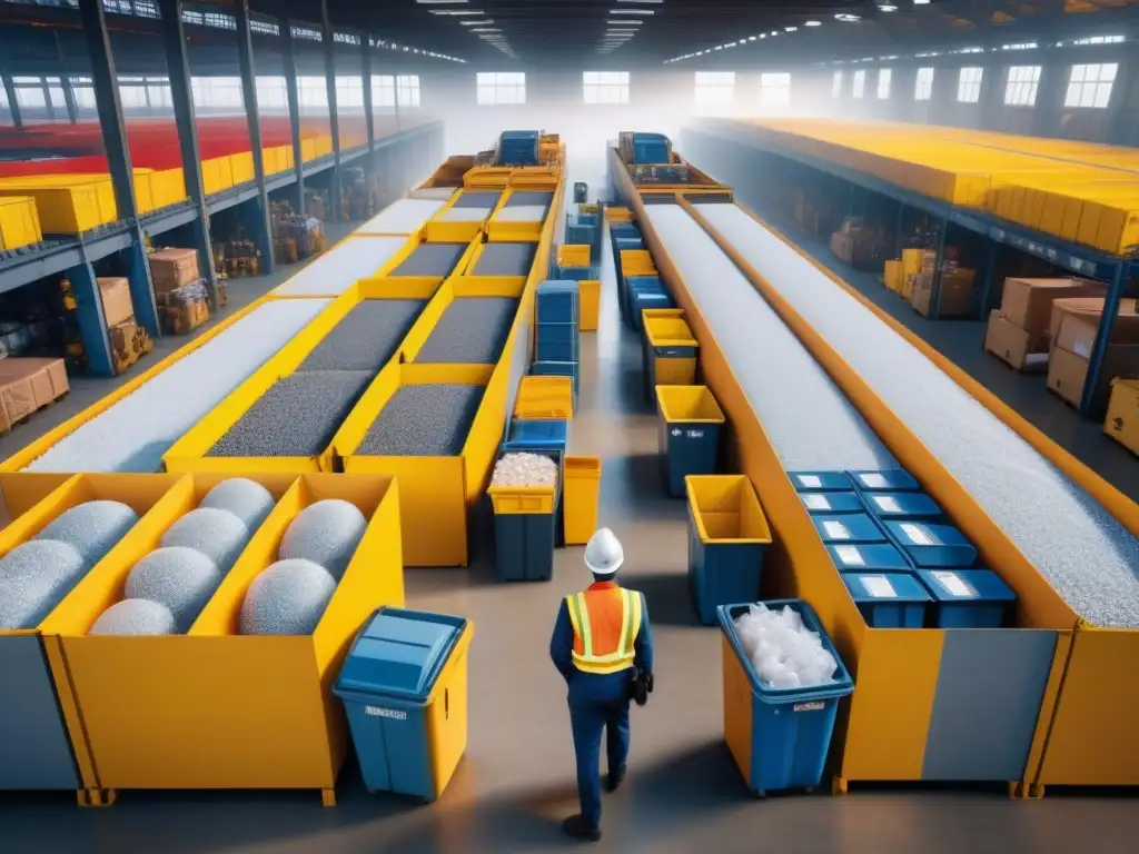Centro logístico de reciclaje: eficiencia y organización en acción Un centro logístico bullicioso con trabajadores clasificando materiales reciclables