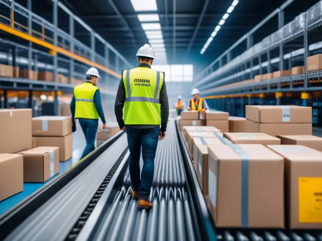 Un centro logístico bullicioso con trabajadores organizando paquetes y software de análisis predictivo optimizando la eficiencia en tiempo real