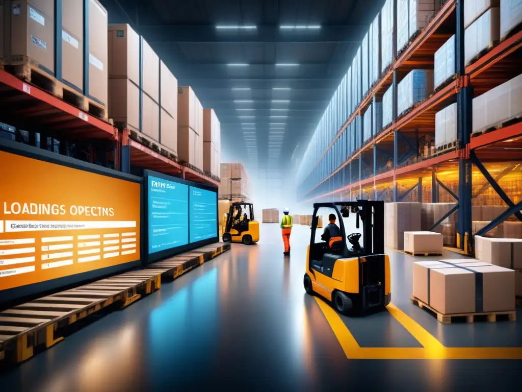 Centro logístico moderno: eficiencia con Big Data Un centro logístico bullicioso con trabajadores supervisando la carga y descarga de grandes camiones
