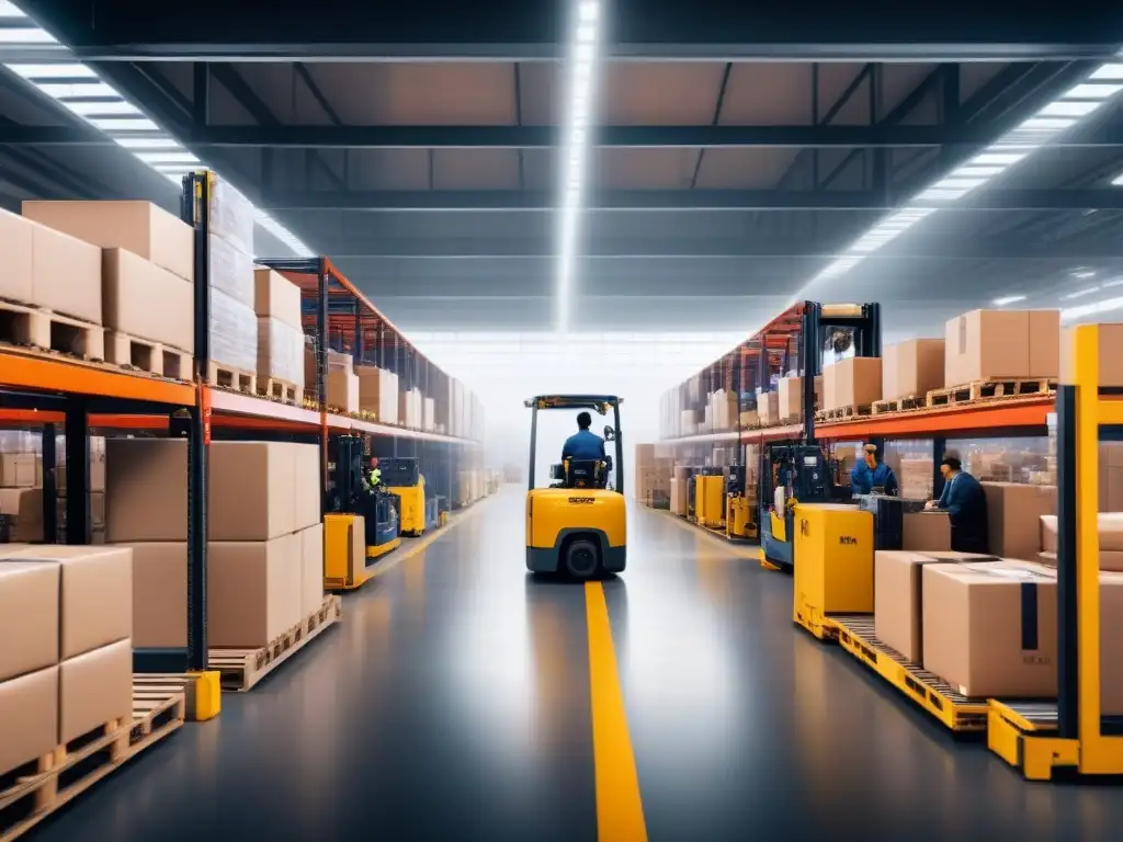 Centro logístico eficiente: precisión y trabajo en equipo Un centro logístico bullicioso con trabajadores eficientes y tecnología moderna en operación, transmitiendo precisión y trabajo en equipo