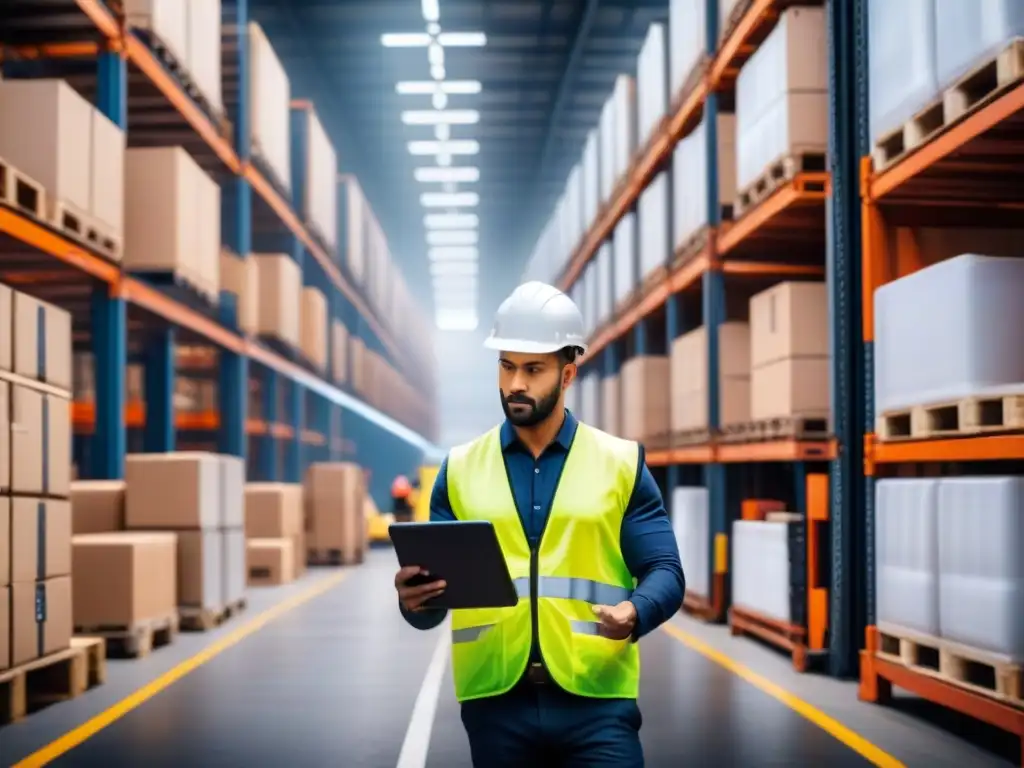 Centro logístico en plena acción: eficiencia y movimiento Un centro logístico bullicioso con trabajadores cargando camiones y un gerente supervisando inventario en una tablet