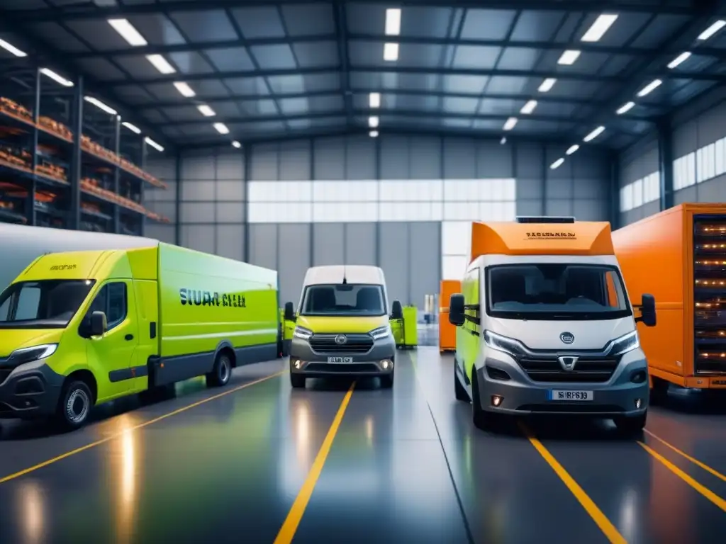 Centro logístico eléctrico: eficiencia sostenible en acción Un centro logístico bullicioso con vehículos eléctricos siendo cargados y descargados por trabajadores