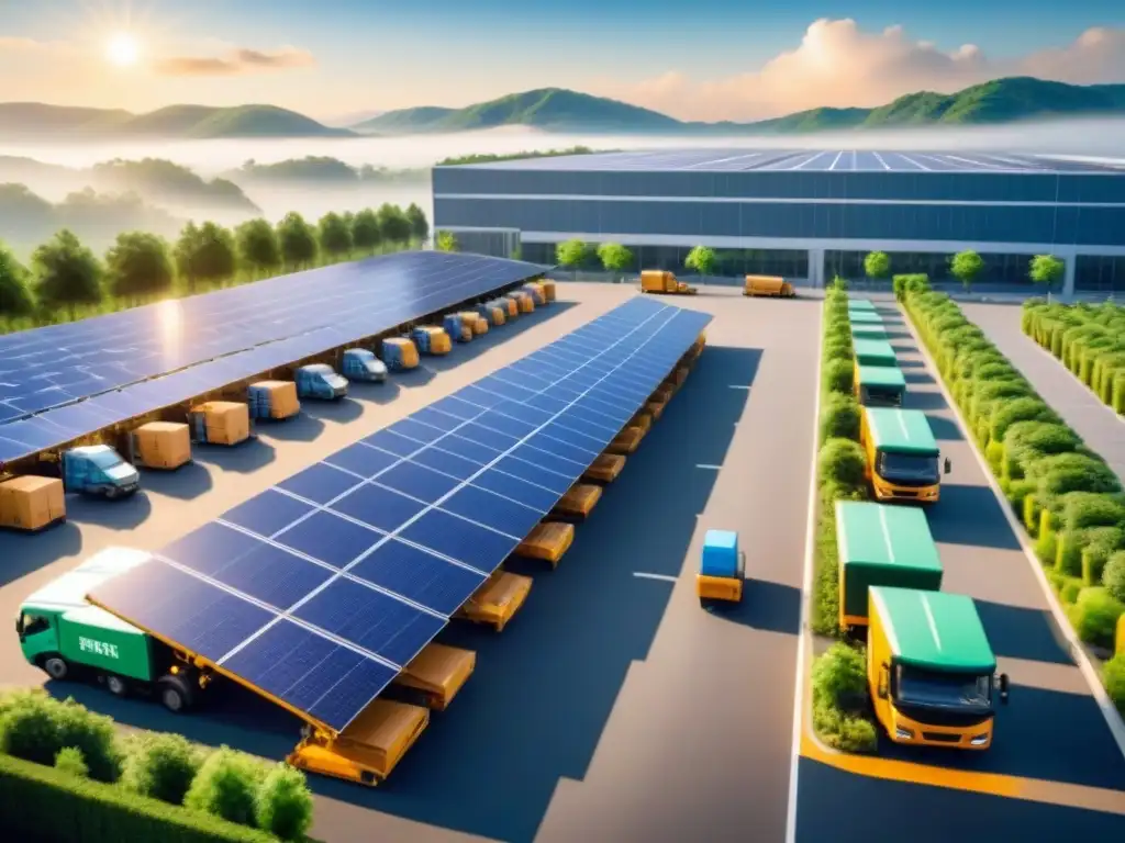 Centro logístico sostenible: innovación y eficiencia verde Centro logístico con certificaciones verdes en logística: paneles solares, camiones eléctricos y trabajadores en uniforme verde