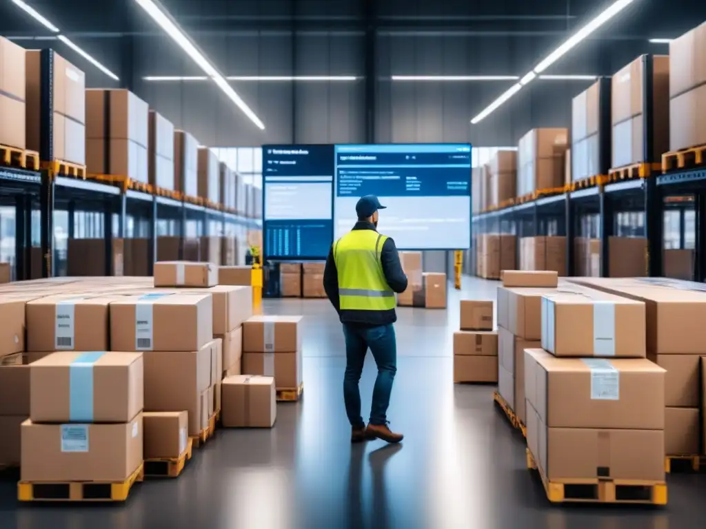 Centro logístico blockchain: eficiencia y transparencia Un centro logístico dinámico con trabajadores, máquinas automatizadas y transacciones blockchain en logística omnicanal