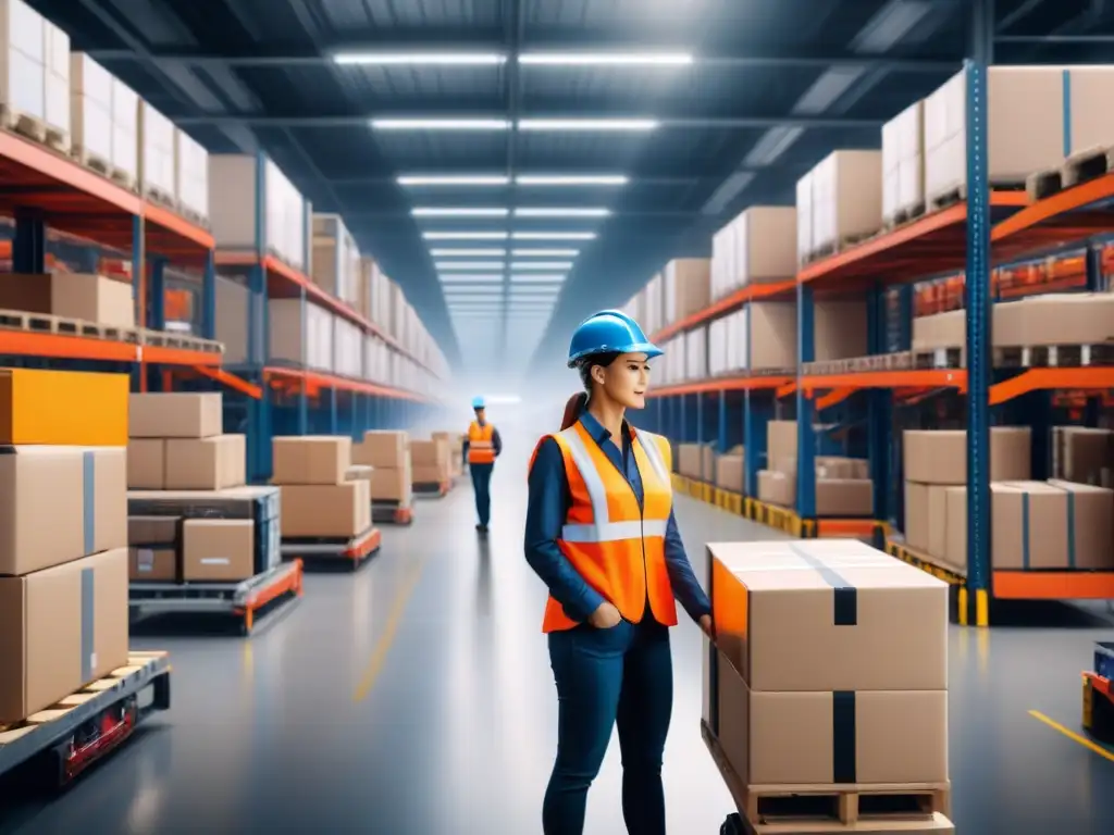 Centro logístico dinámico: trabajadores y tecnología en acción Un centro logístico dinámico con trabajadores y tecnología, demostrando eficiencia e innovación en programas de formación en logística