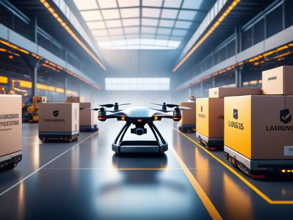 Centro logístico futurista: drones, robots y tecnología en acción Centro logístico futurista postCOVID con drones, robots y tecnología avanzada