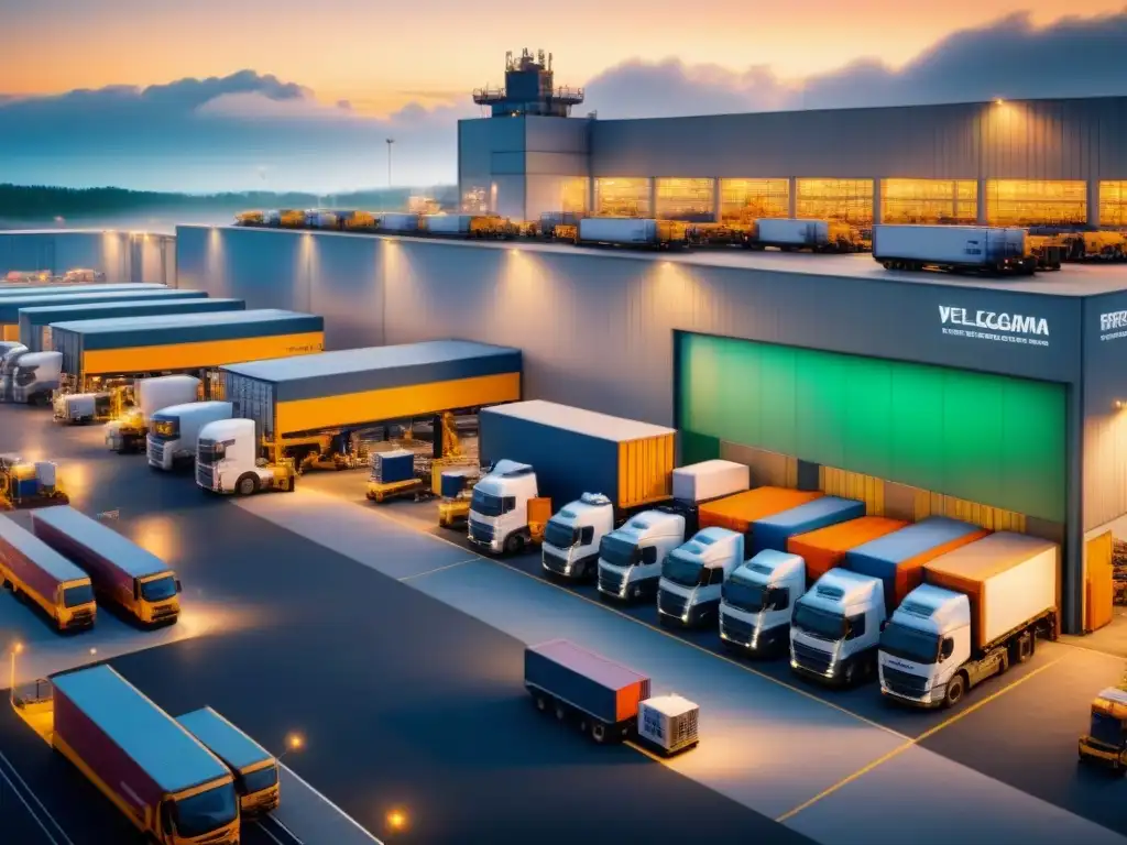 Centro logístico eficiente: camiones, trabajadores y torre de control Un centro logístico eficiente con camiones, trabajadores y una torre de control digital coordinando las operaciones