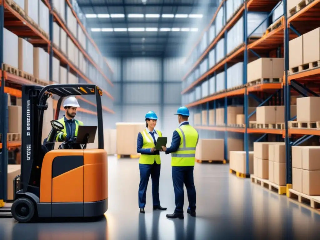 Operación logística eficiente: centro de distribución en acción Un centro logístico eficiente y organizado con trabajadores y un gerente supervisando, destacando soluciones innovadoras en transporte y logística