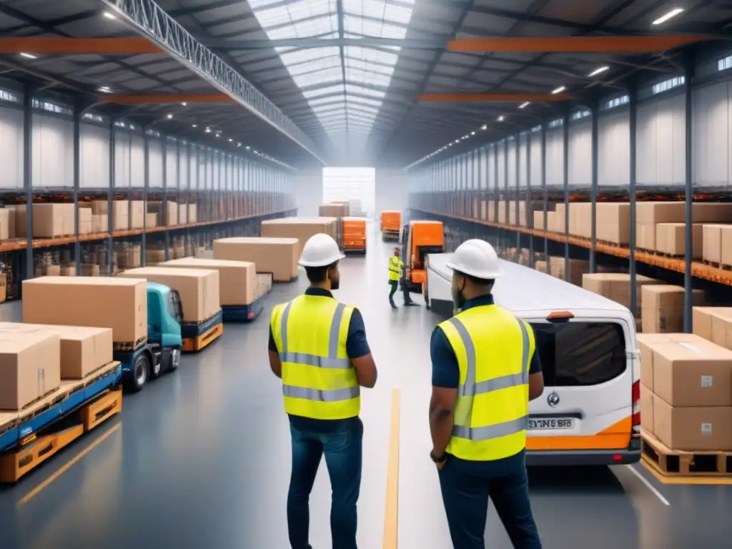 Centro logístico sostenible: operación eficiente y diversidad en el trabajo Un centro logístico eficiente y sostenible con trabajadores descargando camiones y furgonetas eléctricas listas para transportar mercancías