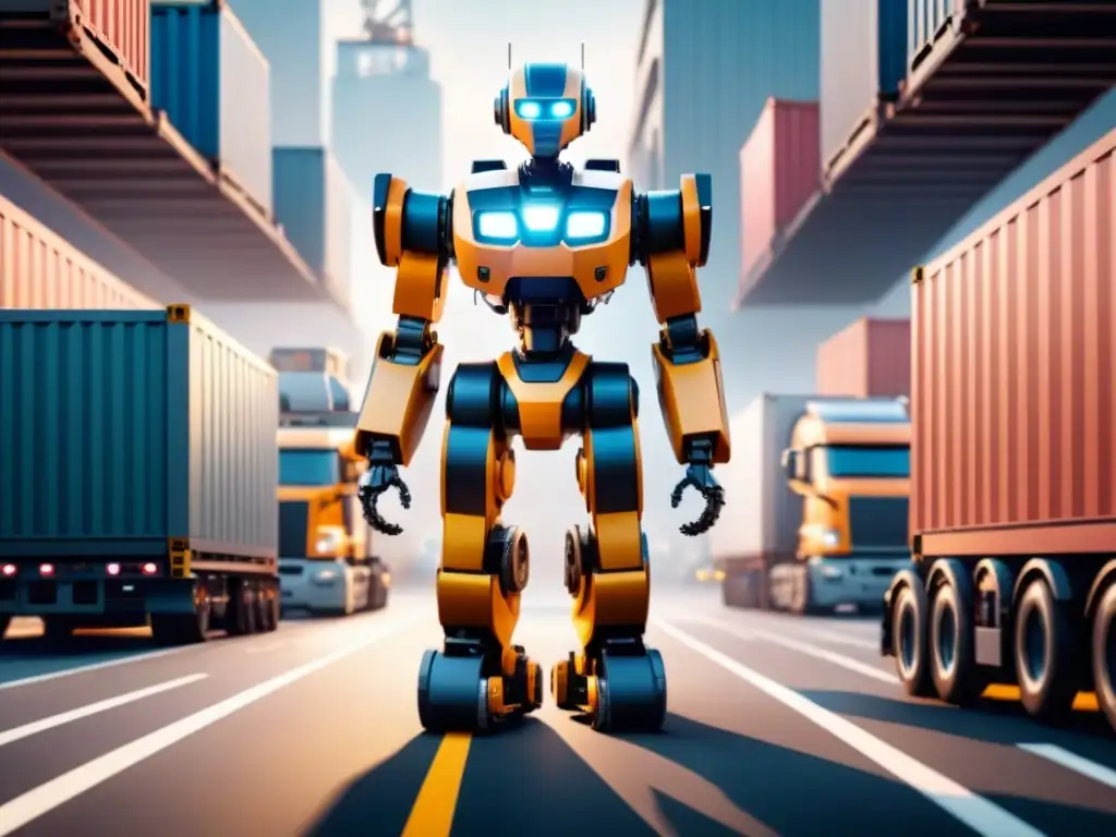 Un centro logístico multimodal eficiente con robótica en acción, integrando tecnología en operaciones modernas