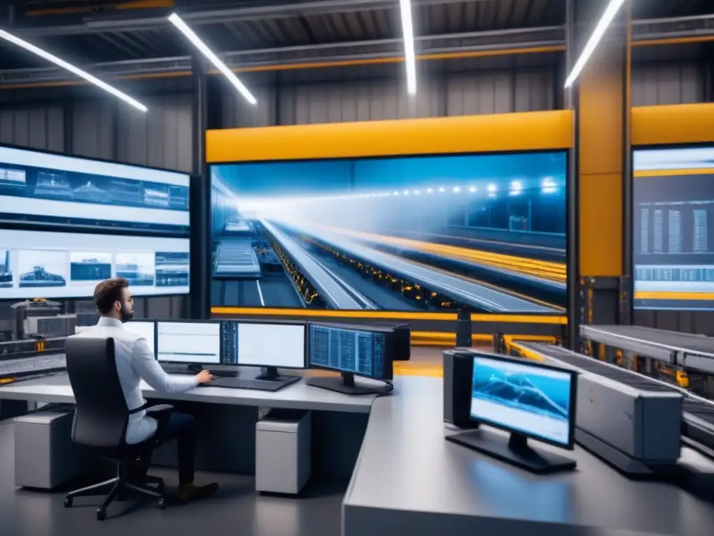 Centro logístico futurista: tecnología y eficiencia en acción Un centro logístico eficiente y tecnológico con sistemas automatizados y robóticos en acción