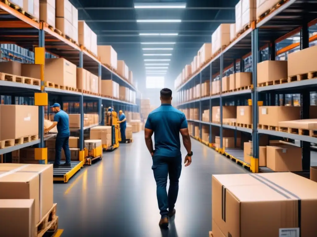 Centro logístico: eficiencia y orden en movimiento Centro logístico eficiente con trabajadores clasificando y empaquetando productos, cintas transportadoras en movimiento y supervisores
