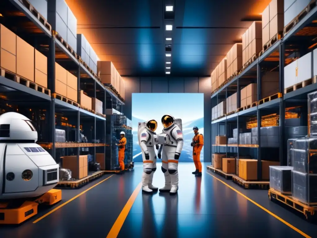 Centro logístico espacial de vanguardia: equipo coordinando carga Un centro logístico espacial de última generación con integración de inteligencia artificial
