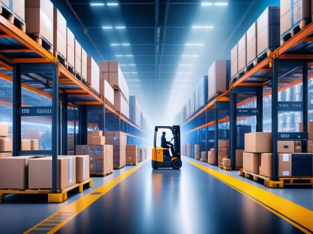 Centro logístico del futuro: IoT en acción Un centro logístico futurista con IoT: análisis en tiempo real de operaciones, robots y personal coordinando el flujo de mercancías
