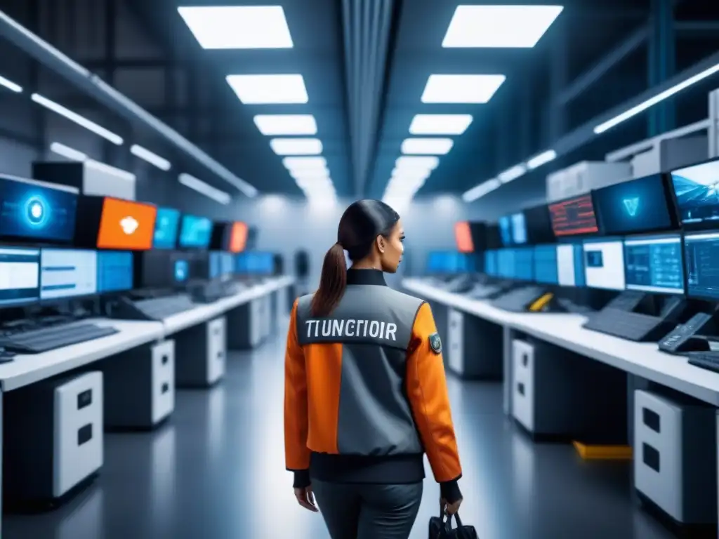 Centro logístico futurista con ciberseguridad avanzada Un centro logístico futurista con avanzadas medidas de seguridad cibernética en una escena de alta tecnología y operaciones fluidas