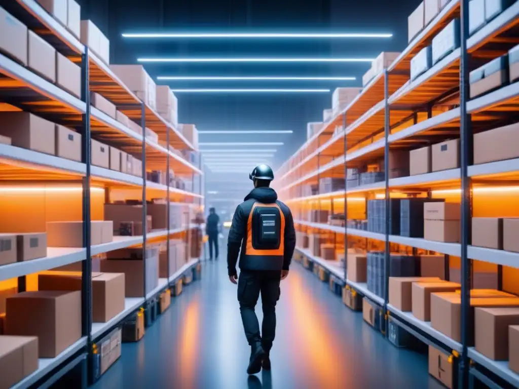 Centro logístico futurista: drones y robots en armonía Un centro logístico futurista bullicioso con drones y robots automatizados, trabajadores supervisando operaciones y una iluminación suave y futurista que muestra una perfecta armonía entre tecnología de vanguardia y fuerza laboral humana