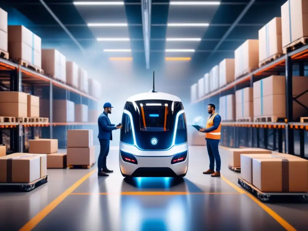 Centro logístico futurista: innovación y colaboración en la era postCOVID Un centro logístico futurista bullicioso con innovaciones logísticas postCOVID, drones y robots trabajando en armonía con empleados diversos