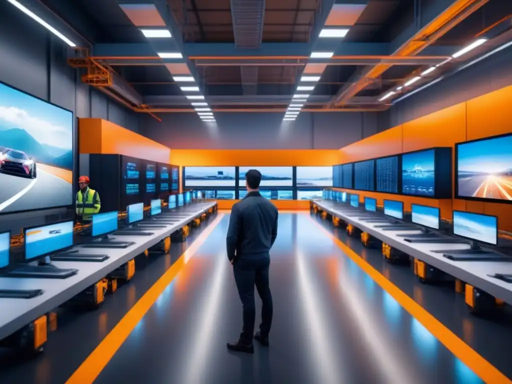 Centro logístico futurista: la revolución del AI en la gestión de envíos Un centro logístico futurista bullicioso con drones y robots automatizados ordenando paquetes, camiones inteligentes llegando y saliendo sin problemas, trabajadores supervisando pantallas con datos en tiempo real, destacando la eficiencia e innovación de la Inteligencia Artificial en logística eficiente