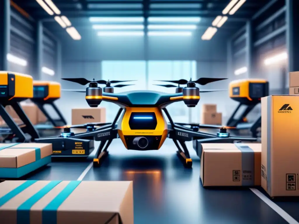 Centro logístico del futuro: drones, robots y AI en acción Un centro logístico futurista bullicioso con drones autónomos, robots y trabajadores, mostrando modelos de negocio logístico innovadores