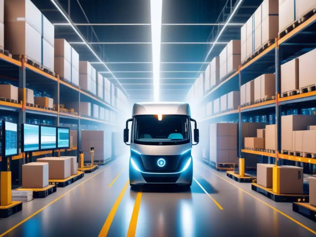Centro logístico futurista con entrega de paquetes eléctricos Un centro logístico futurista con camiones eléctricos y trabajadores usando analítica predictiva en transporte logístico