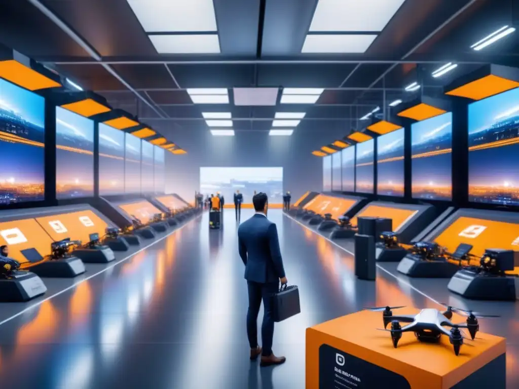 Centro logístico futurista: drones y robots autónomos en acción 'Centro logístico futurista con drones autónomos, robots y personal diverso operando en pantallas digitales