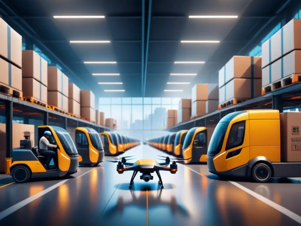 Centro logístico futurista: drones y robots eficientes Un centro logístico futurista con drones y robots, humanos y tecnología avanzada, integrando startups innovadoras logística transporte