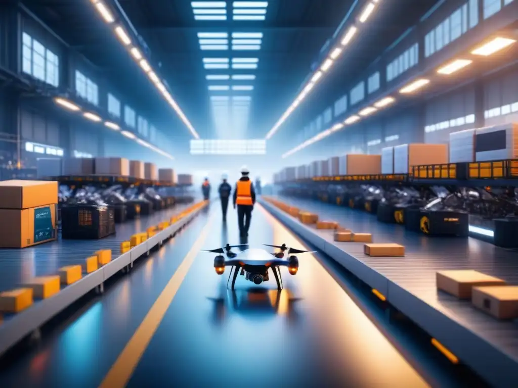 Centro logístico del futuro: innovación y eficiencia en la industria Centro logístico futurista con drones y robots, destacando innovación y eficiencia en startups innovadoras logística transporte