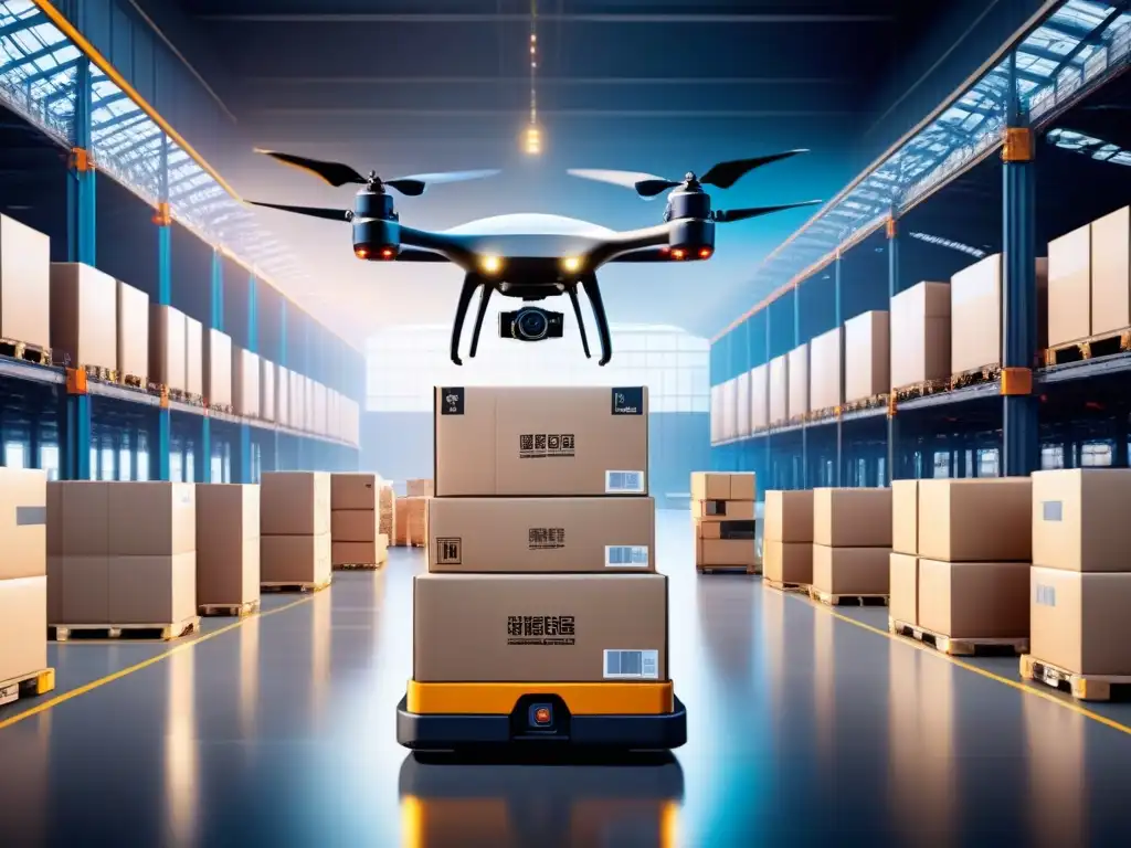 Centro logístico futurista: drones y robots automatizados en acción Centro logístico futurista con drones y robots moviendo paquetes bajo un toldo de cristal, reflejando una ciudad tecnológica