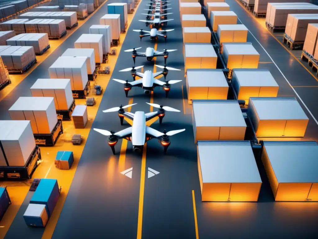 Centro logístico futurista: Drones en acción Un centro logístico futurista con drones de precisión transportando paquetes, destacando soluciones tecnológicas para logística de precisión